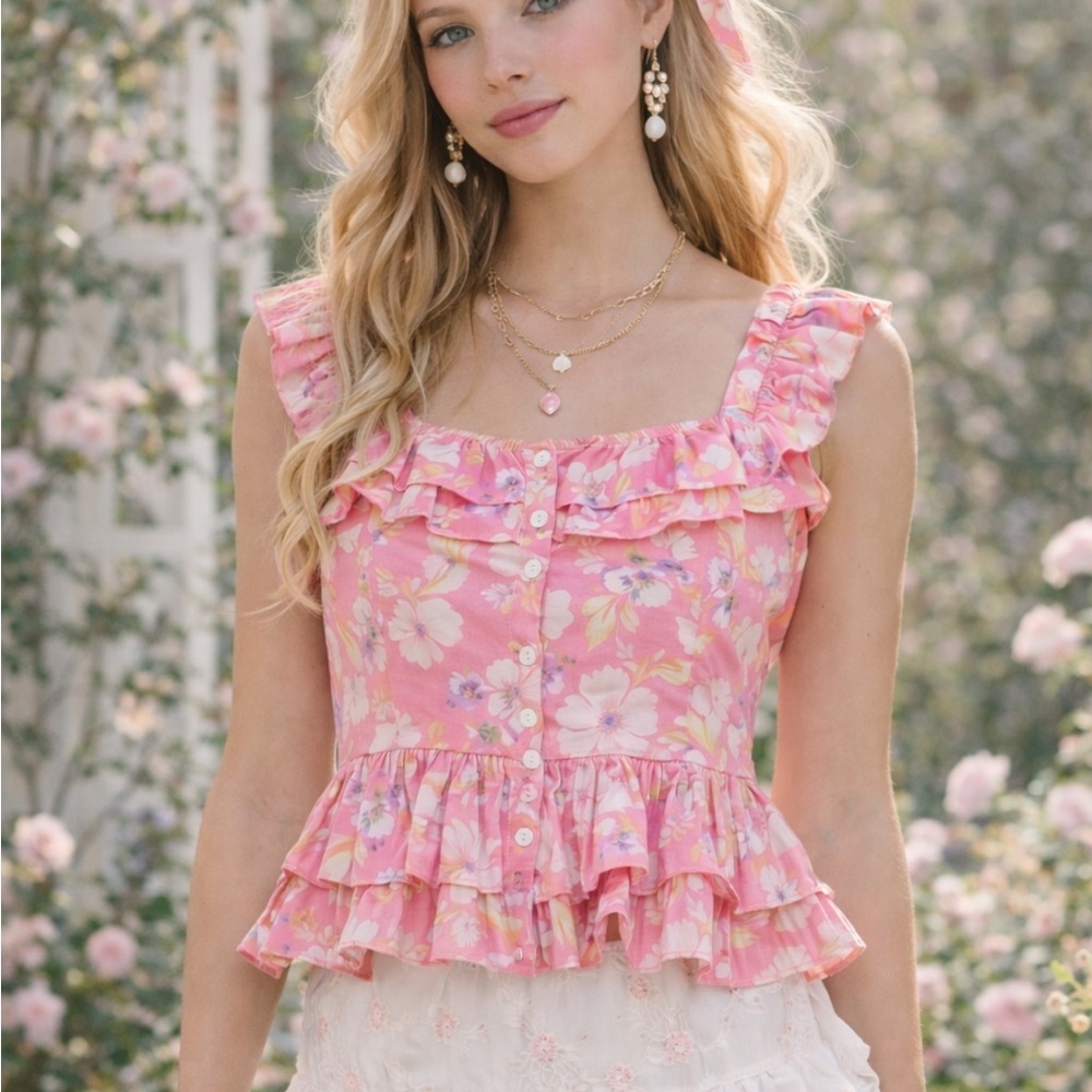 LoveShackFancy *flawed* Tabia Pink Floral Ruffle Blouse 51465
